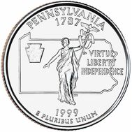  25 центов 1999 «Пенсильвания» (штаты США) случайный монетный двор, фото 1 