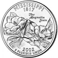  25 центов 2002 «Миссисипи» (штаты США) случайный монетный двор, фото 1 