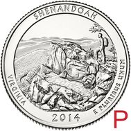  25 центов 2014 «Национальный парк Шенандоа» (22-й нац. парк США) P, фото 1 