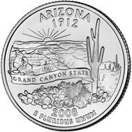  25 центов 2008 «Аризона» (штаты США) случайный монетный двор, фото 1 