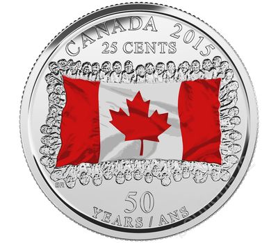  Монета 25 центов 2015 «50 лет Канадскому флагу» Канада (цветная), фото 1 