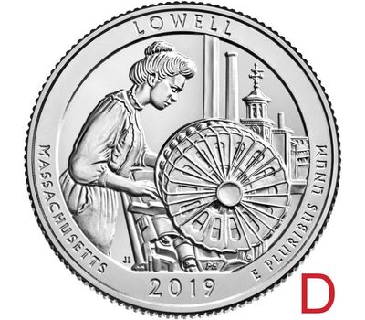  Монета 25 центов 2019 «Национальный исторический парк Лоуэлл» (46-й нац. парк США) D, фото 1 