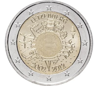  Монета 2 евро 2012 «10 лет наличному обращению евро» Люксембург, фото 1 