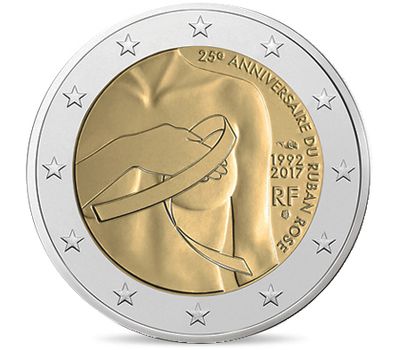 Монета 2 евро 2017 «Борьба против рака молочной железы. 25 лет розовой ленточке» Франция, фото 1 