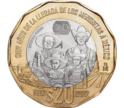  Монета 20 песо 2022 «100-летие прибытия меннонитов» Мексика, фото 1 