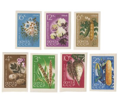  7 почтовых марок «Сельскохозяйственные культуры» СССР 1964 (без перфорации), фото 1 