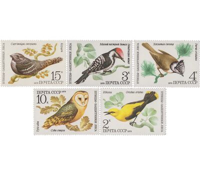  5 почтовых марок «Птицы — защитники леса» СССР 1979, фото 1 